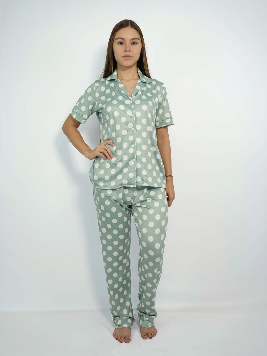 Green polkadots peach skin pajama