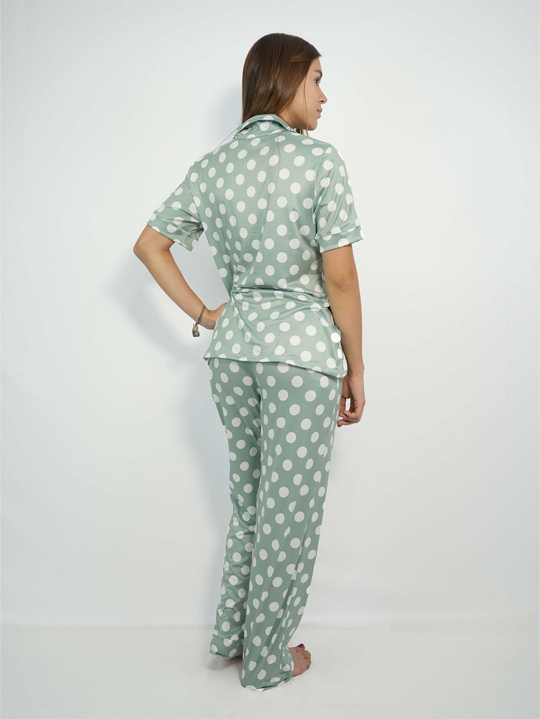 Green polkadots peach skin pajama