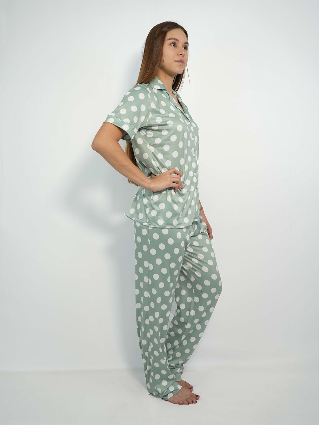 Green polkadots peach skin pajama