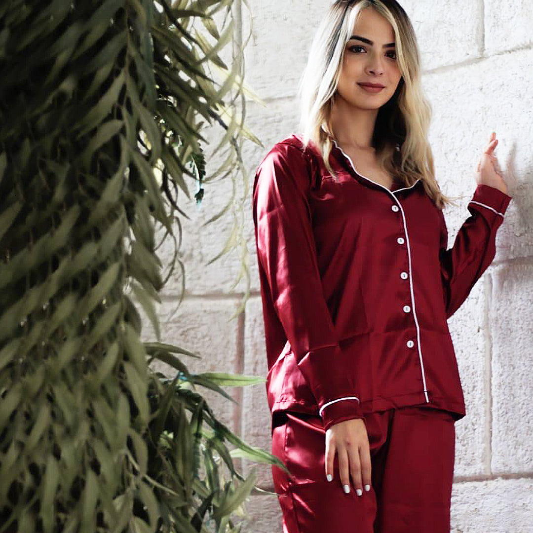 Redwine satin long-sleeved trouser pajamas